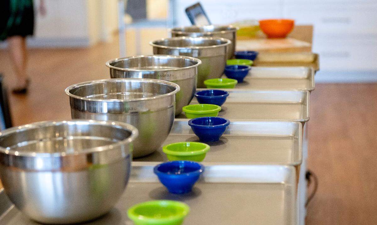 Bowls are placed out for the afternoon summer camp session at Taste Buds Kitchen on Tuesday, July 1, 2025.