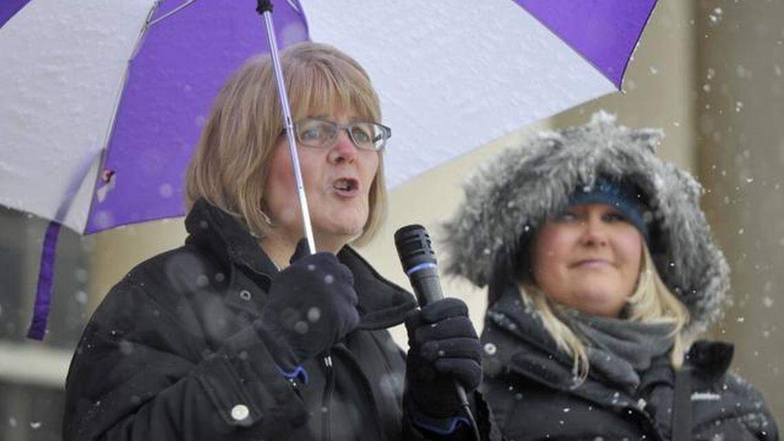 Anne Ard, executive director at Centre County Women’s Resource Center, speaks March 20, 2015, at a rally in response to the alleged Kappa Delta Rho incident. 
