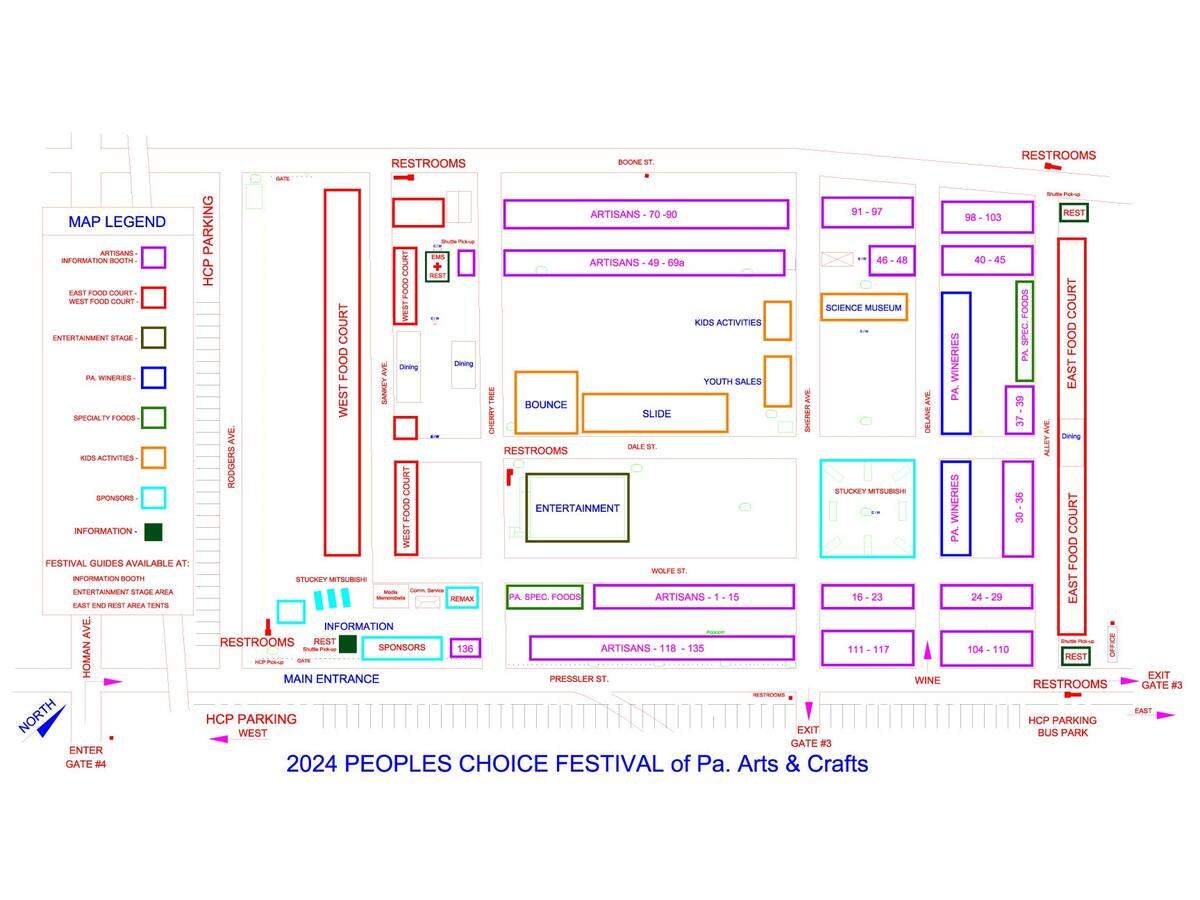 This event map shows the layout of this year’s People’s Choice festival, including artist booths, stages, food courts, accessible parking and more.