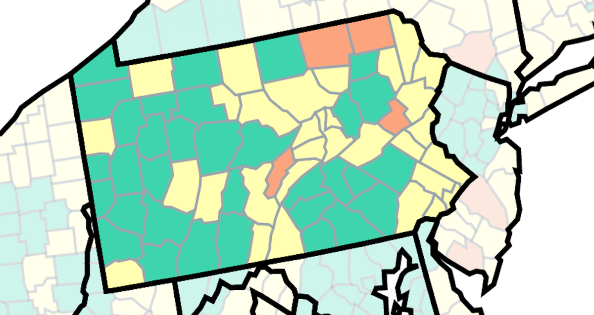 This map from the U.S. Centers for Disease Control and Prevention shows the COVID-19 community levels of Pennsylvania counties as of Sept. 30, 2022. The orange are at high, the yellow at medium and the green at low.