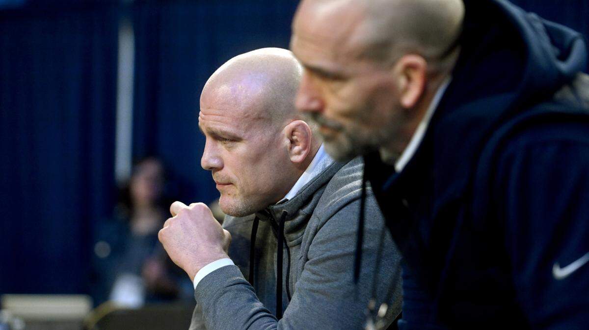 Penn State wrestling coach Cael Sanderson watches Alex Facundo as he wrestles Indiana’s Nick South in a 165 lb bout of the Big Ten wrestling championships at the Crisler Center on Saturday, March 4, 2023.