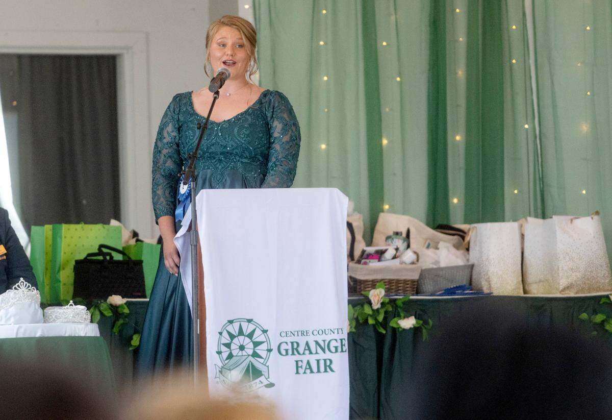 Teaghan Bair gives her speech during the Centre County Grange Fair Queen coronation on Wednesday, Aug. 16, 2023.