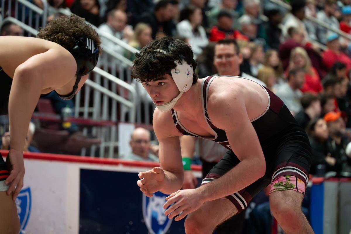 State High's James Whitbred faces Northampton Area's Gabriel Ballard in the 152-pound semifinals of the PIAA Class 3A Wrestling Championships in the Giant Center on Friday, March 6, 2026 in Hershey, Pa. Ballard defeated Whitbred by tech fall in 4:08.