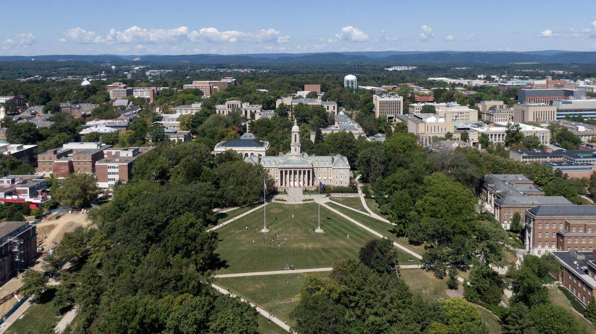 An aerial view of Old Main and the Penn State campus on Wednesday, Sept. 3, 2025.