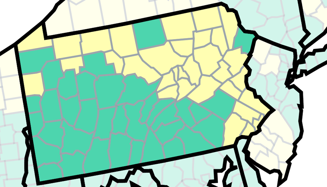 This map of Pennsylvania from the U.S. Centers for Disease Control and Prevention shows COVID-19 community levels by county as of March 3, 2023. The yellow are at medium and the green are at low. No counties are at high, orange.