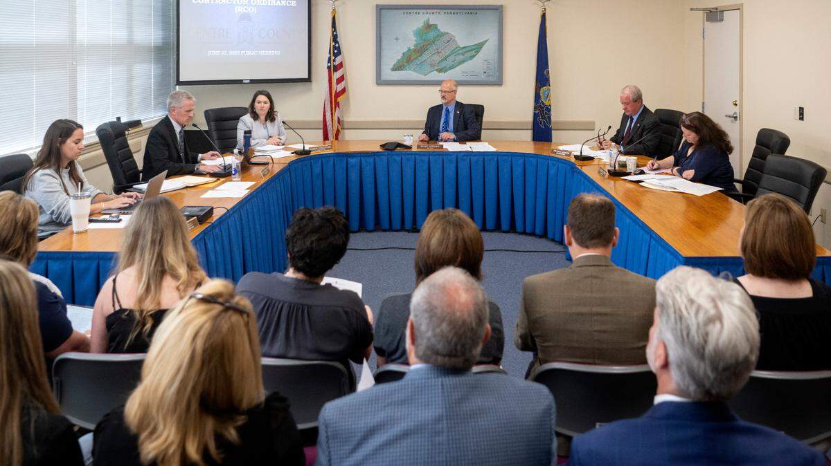 The Centre County Commissioners, pictured at an August 2023 meeting, voted unanimously Tuesday to adopt the 2025 tentative county budget.