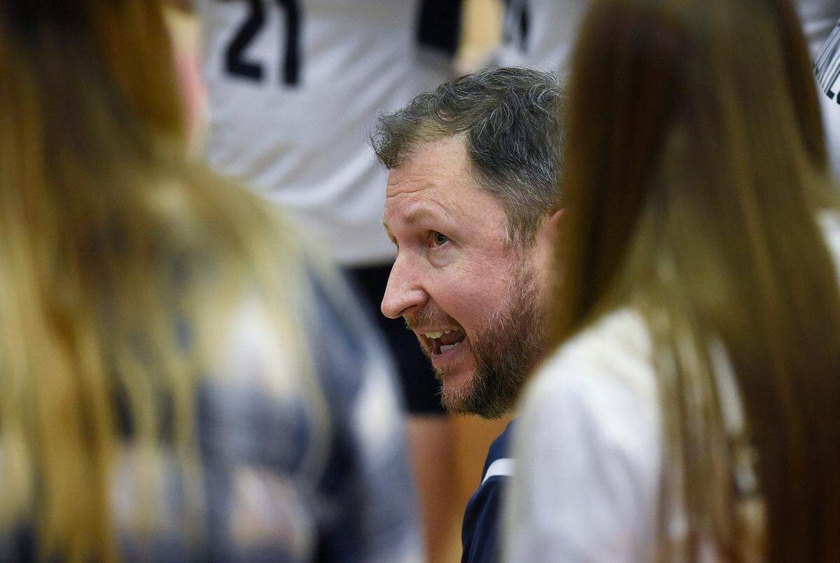 Philipsburg-Osceola coach Dave Eckberg gives instructions during the final timeout of the last game Saturday. The Philipsburg-Osceola girls volleyball team won the PIAA Class 2A state championship Saturday at Cumberland Valley in Mechanicsburg by defeating Trinity 3-1.