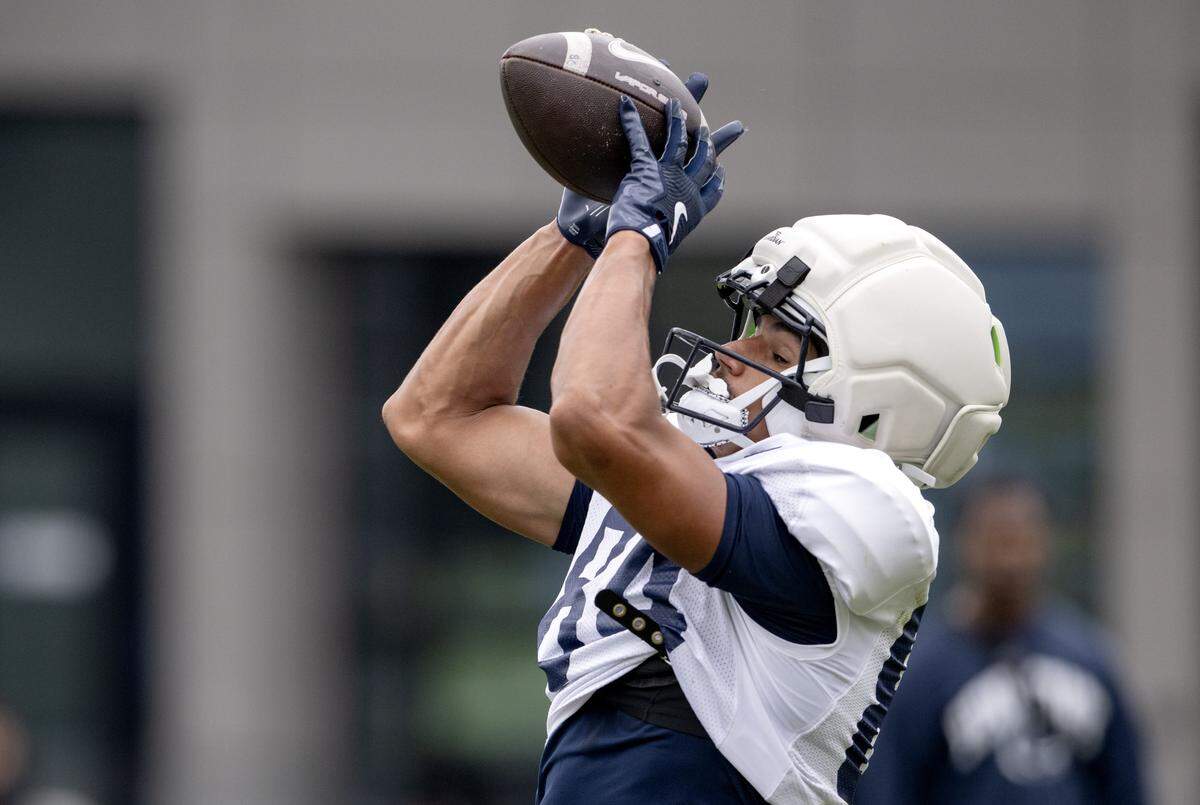 Penn State wide receiver Peter Gonzalez makes a catch during practice on Tuesday, Aug. 19, 2025.  