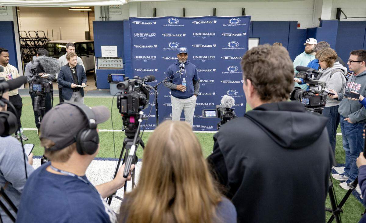 Penn State interim football coach Terry Smith talks to the media after practice on Wednesday, Oct. 15, 2025.  
