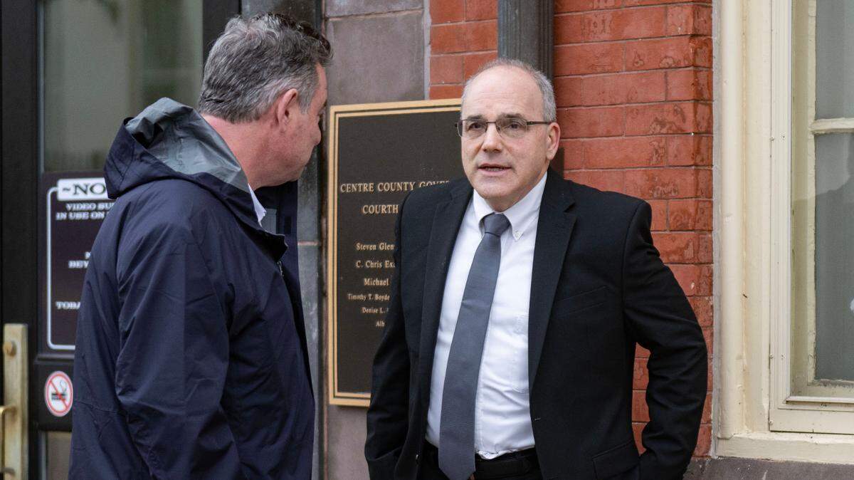 Penn State trustee Barry Fenchak leaves the Centre County Courthouse Annex on April 11, 2025.