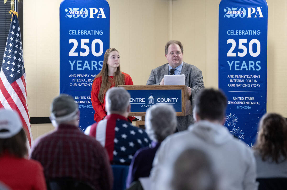 Ed Stoddard from the Happy Valley Adventure Bureau talks about celebrating the United State’s 250th during a kickoff event for America250PA Centre County on Monday, Feb. 23, 2026.