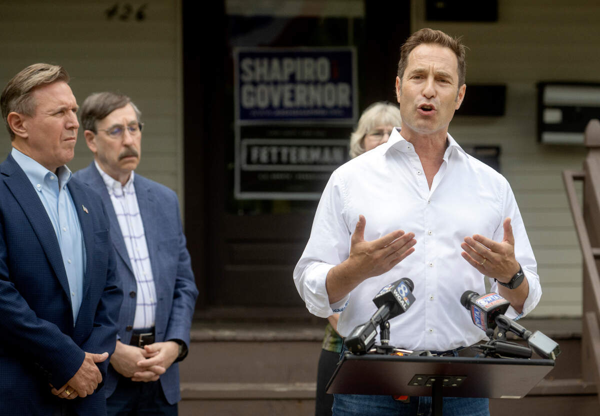State College mayor Ezra Nanes speaks against Doug Mastriano and his association with Gab during a gathering on Tuesday, Aug. 2, 2022.
