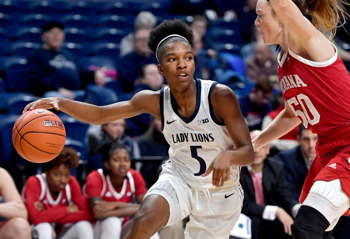Lady Lions’ Kamaria McDaniel dribbles around Indiana’s Brenna Wise during the game on Thursday, Jan. 23, 2020 at the Bryce Jordan Center.