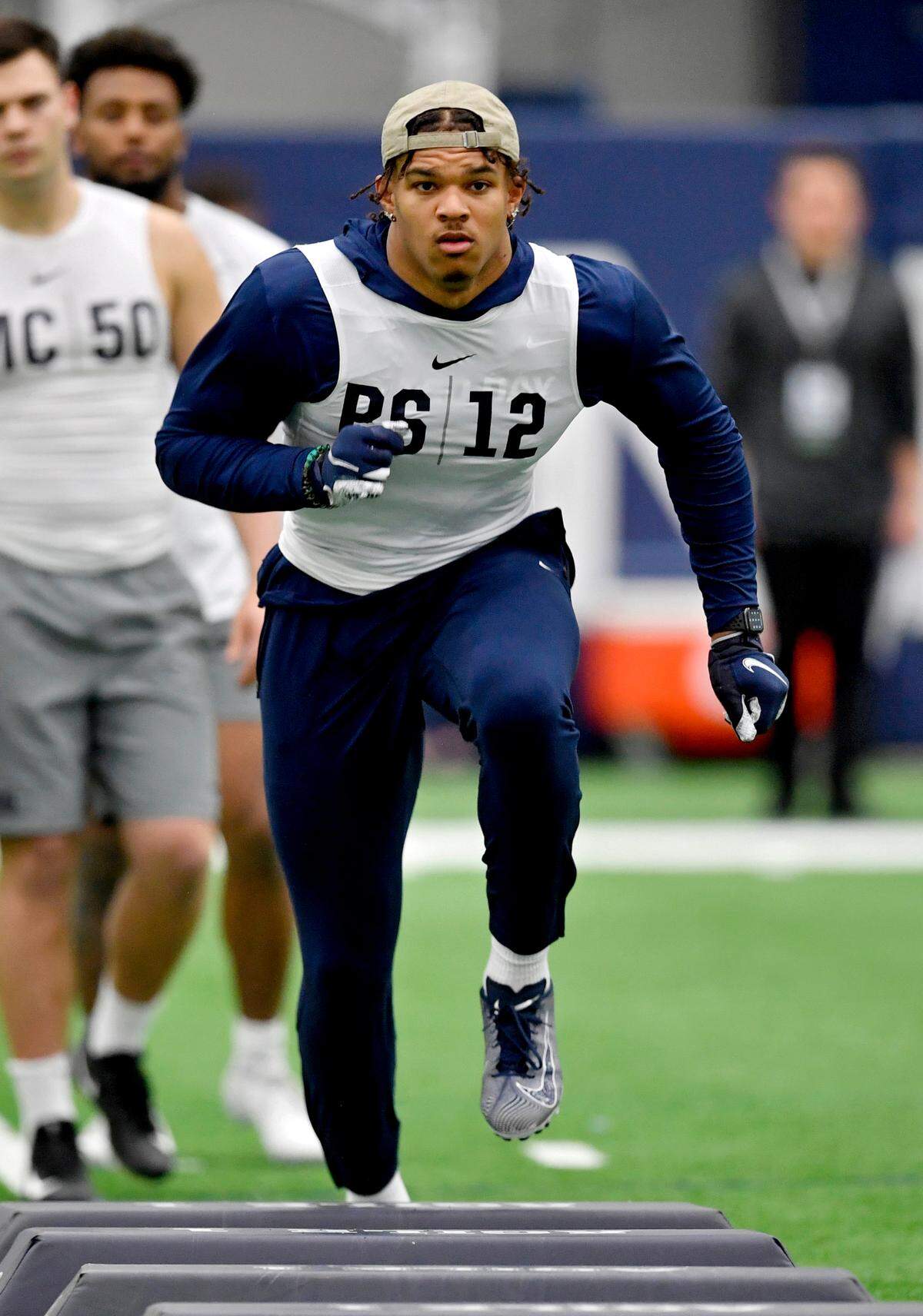 Linebacker Brandon Smith runs a drill for scouts during Penn State pro day on Thursday, March 24, 2022.