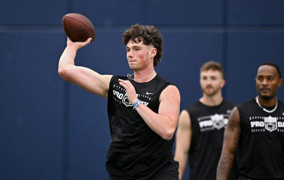 Drew Allar makes a pass during Penn State Pro Day on Wednesday, March 18, 2026.