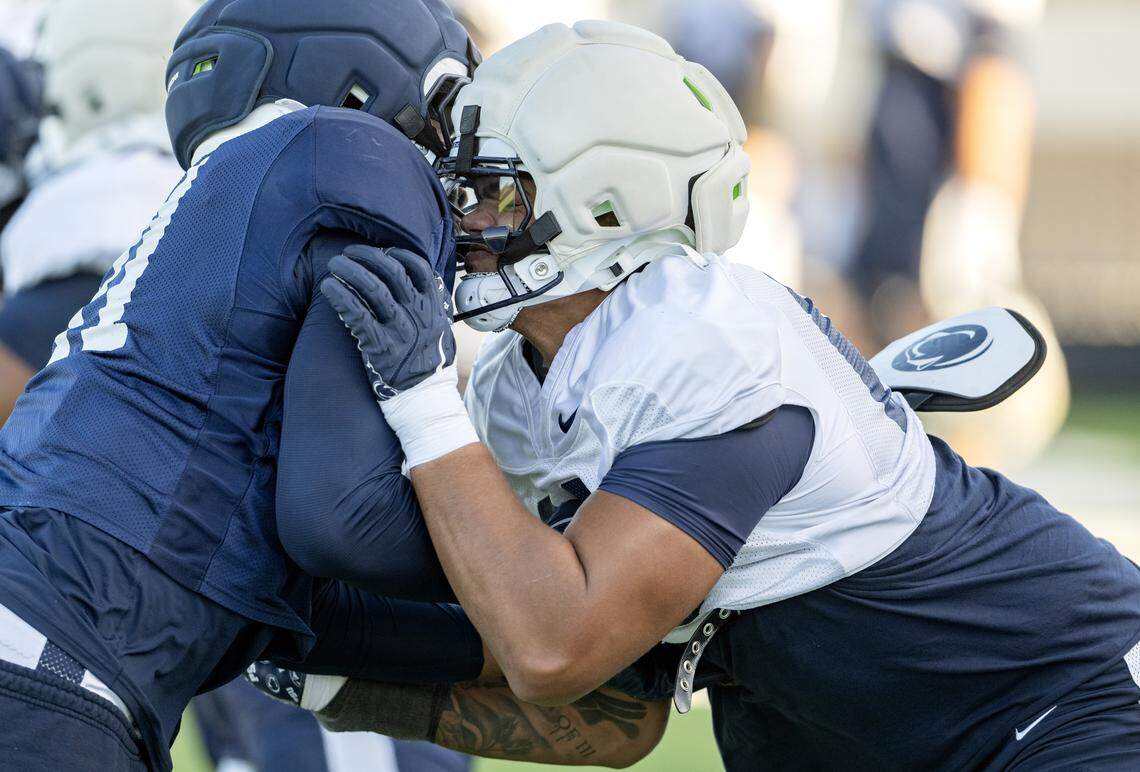 Penn State offensive lineman Drew Shelton runs a drill during practice on Wednesday, Oct. 8, 2025.