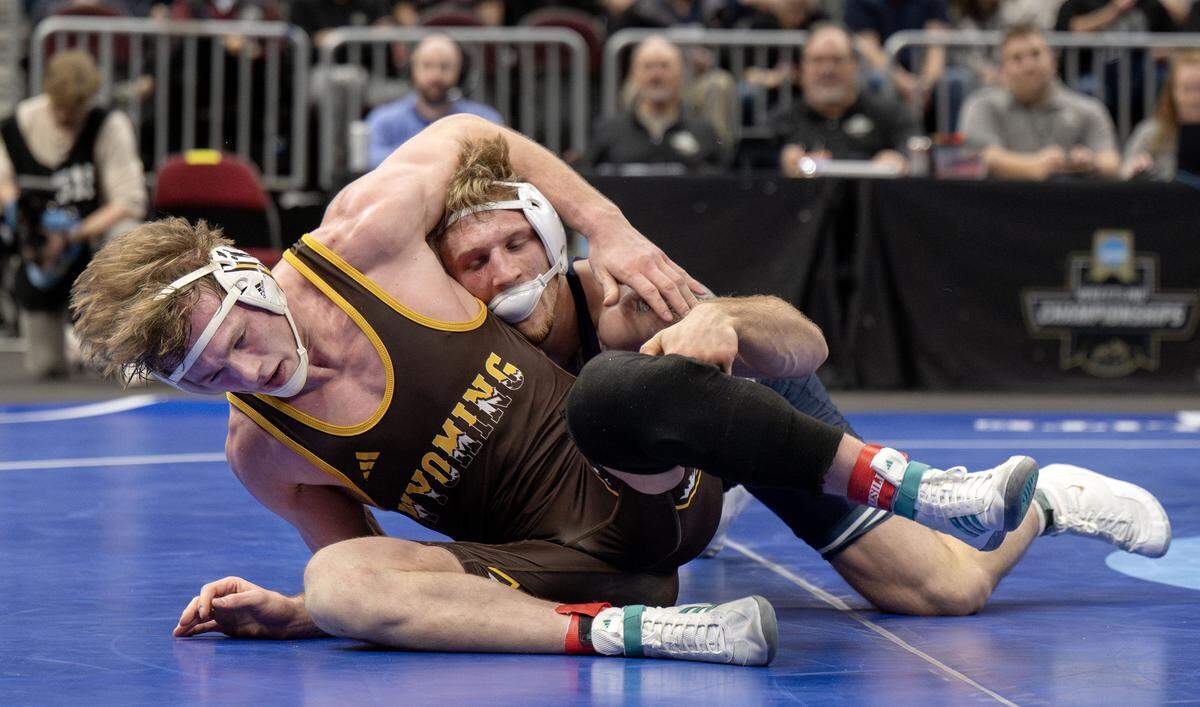 Penn State's Josh Barr controls Wyoming’s Joey Novak in a 197-pound semifinal bout of the NCAA wrestling championships on Friday, March 20, 2026.