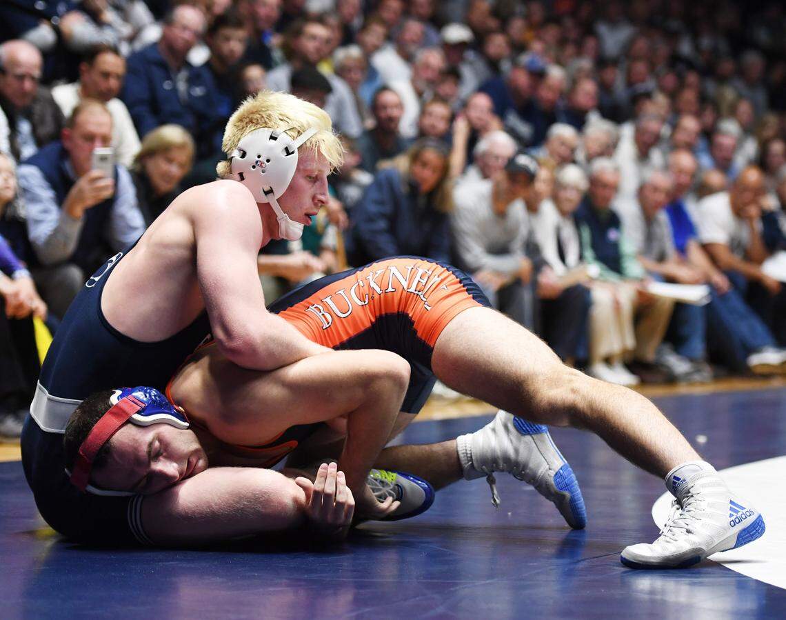 Penn State’s Bo Nickal wrestles Bucknell’s Drew Phipps to a 16-6 major decision at 184 pounds at Rec Hall in 2017.