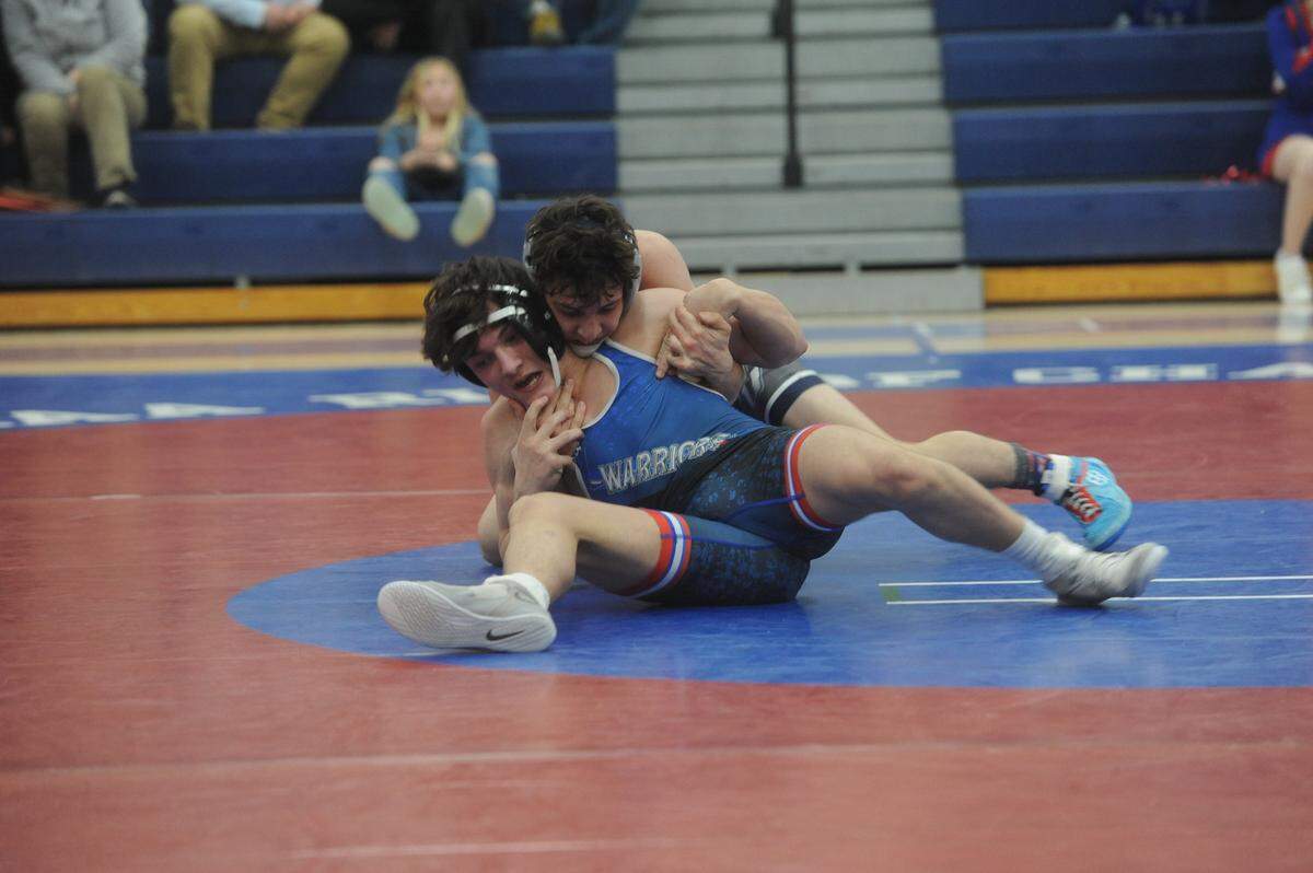 Philipsburg-Osceola’s Scotty Frantz controls West Branch’s Hunter Schnarrs during their 132-pound bout during the Mounties’ 54-18 win on Feb. 8, 2022. Frantz topped Schnarrs, 6-2.