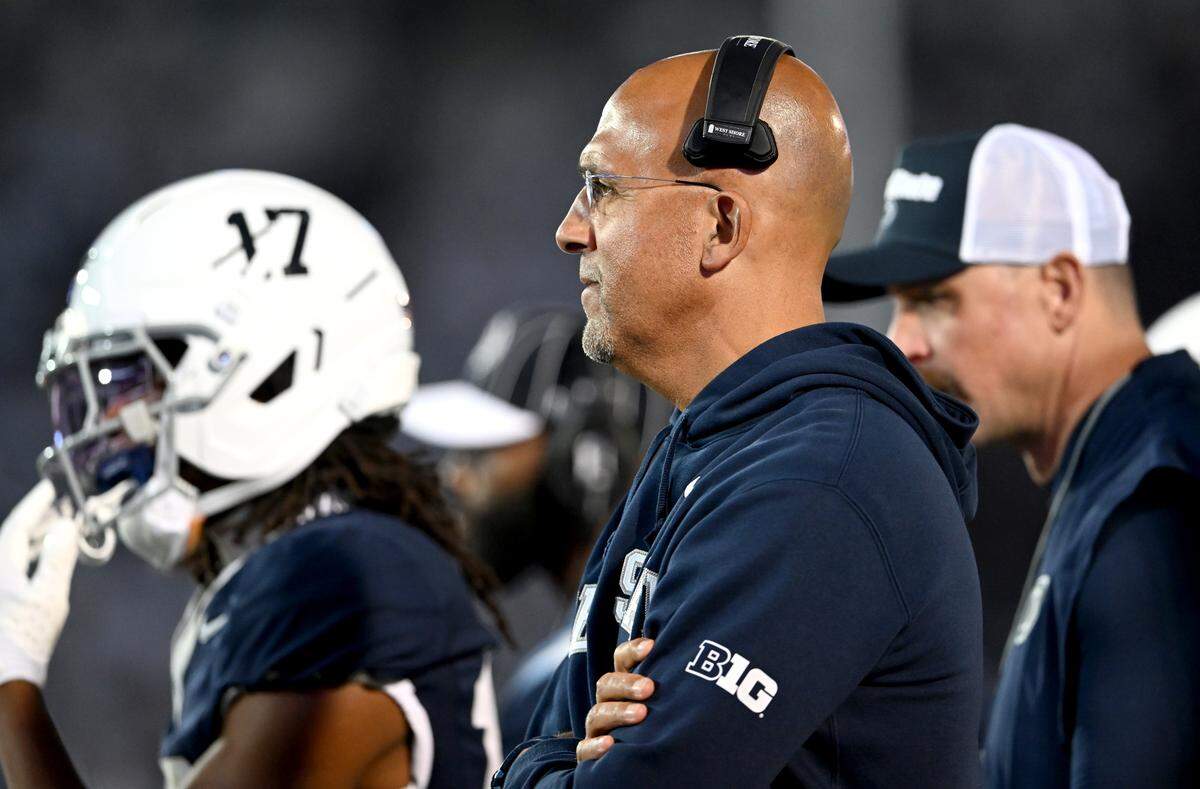 Penn State football coach James Franklin watches as Northwestern drives during the game on Saturday, Oct. 11, 2025.