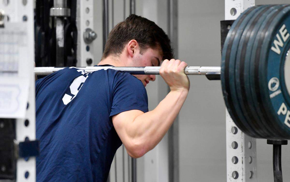 Penn State’s Beau Pribula during a weight lifting session on Thursday, March 3, 2022.