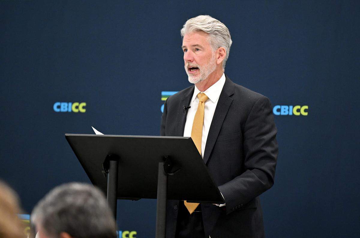 CBICC president Greg Scott talks during the State College Air Service Summit on Tuesday, Oct. 14, 2025 at a hangar at the State College Regional Airport. 