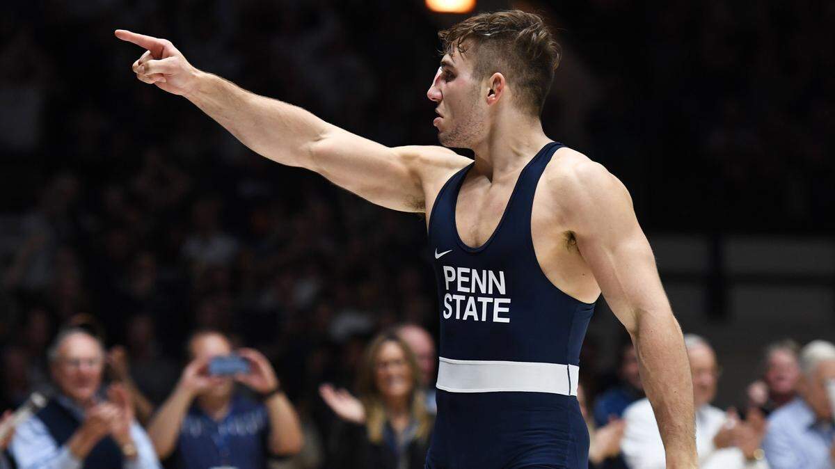 Penn State’s Anthony Cassar reacts after beating Ohio State’s Kolin Moore at 197 pounds on Saturday, Feb. 3, 2018 at Rec Hall.