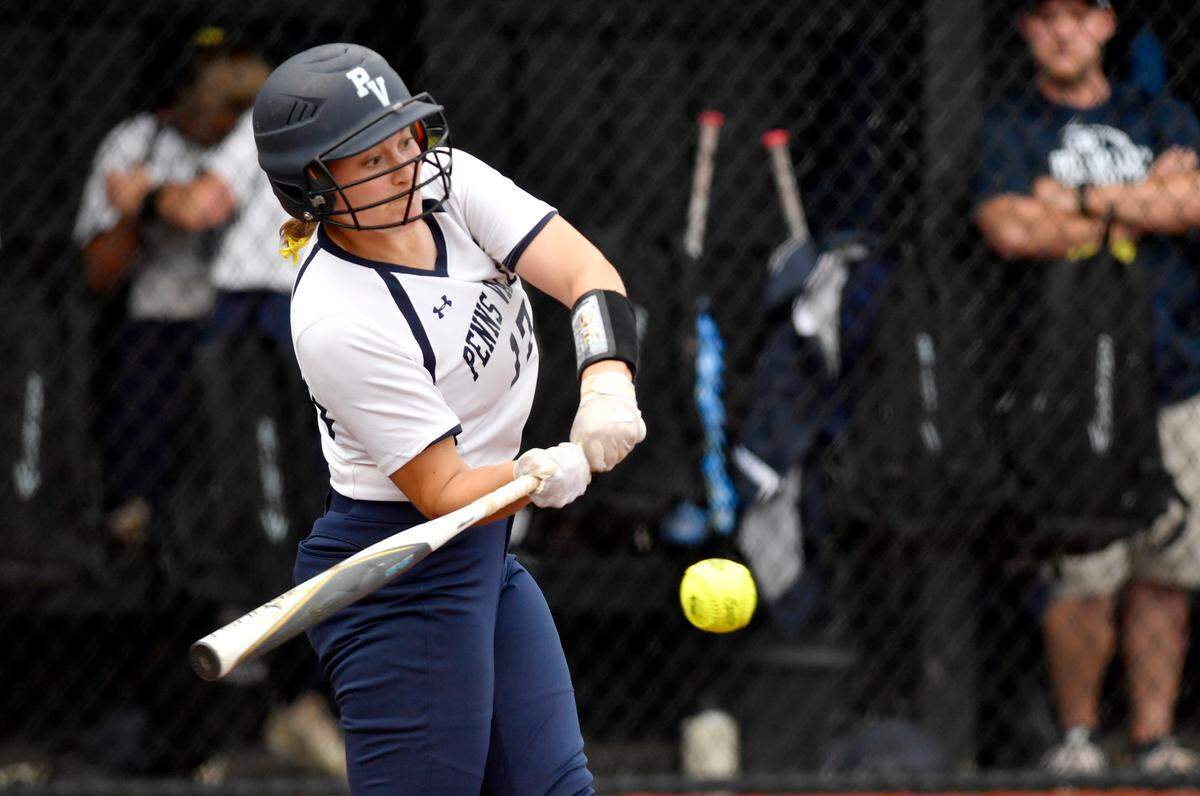 Penns Valley’s Avelyn Van Heyst gets a hit that scores two runs in the top of the sixth inning of the District 6 2A game against Mount Union at St. Francis on Thursday, June 3, 2021.