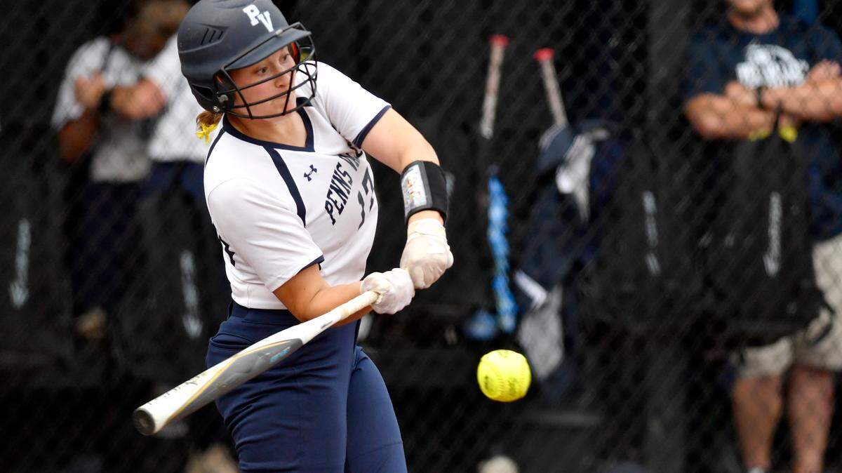 Penns ValleyÕs Avelyn Van Heyst gets a hit that scores two runs in the top of the sixth inning of the District 6 2A game against Mount Union at St. Francis on Thursday, June 3, 2021.