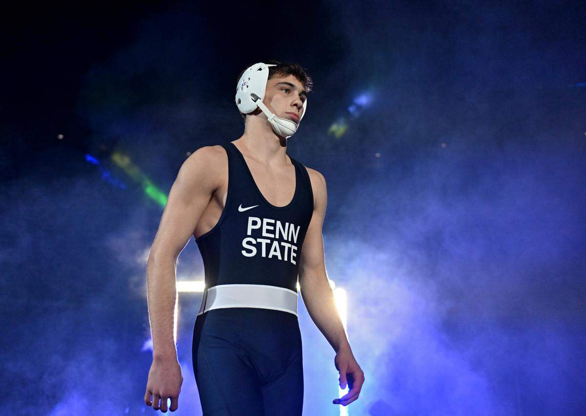 Penn State wrestler Luke Lilledahl walks out for his 125 lb  bout against Oklahoma on Friday, Nov. 14, 2025 at the Bryce Jordan Center. 