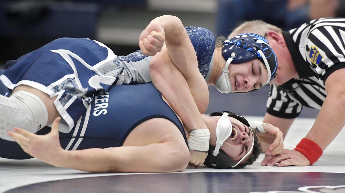 Penns Valley’s Dristen Wolfe controls Philipsburg-Osceola’s Quentin Moslak in the 152 lb bout during the match on Tuesday, Feb. 5, 2019. Wolfe won by fall to clench the match for the Rams.