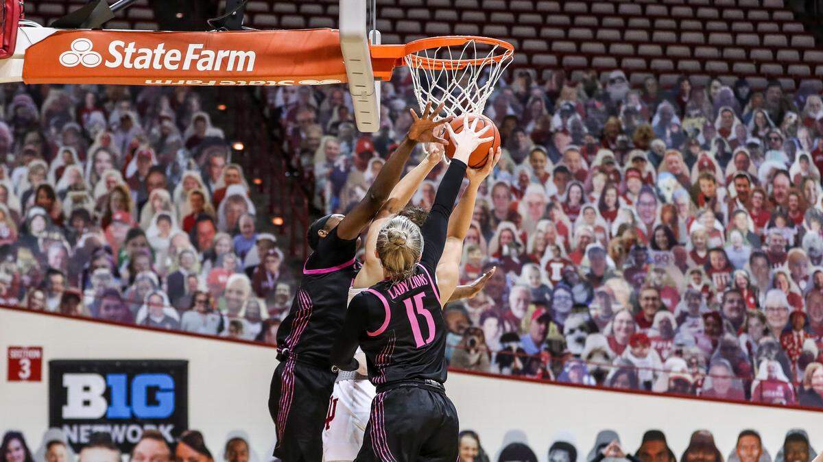 Penn State’s Maddie Burke blocks a shot from Indiana on Wednesday, Feb. 10, 2021.