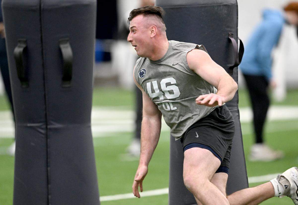 Defensive end Nick Tarburton runs a position drill during Penn State football’s Pro Day on Friday, March 24, 2023.