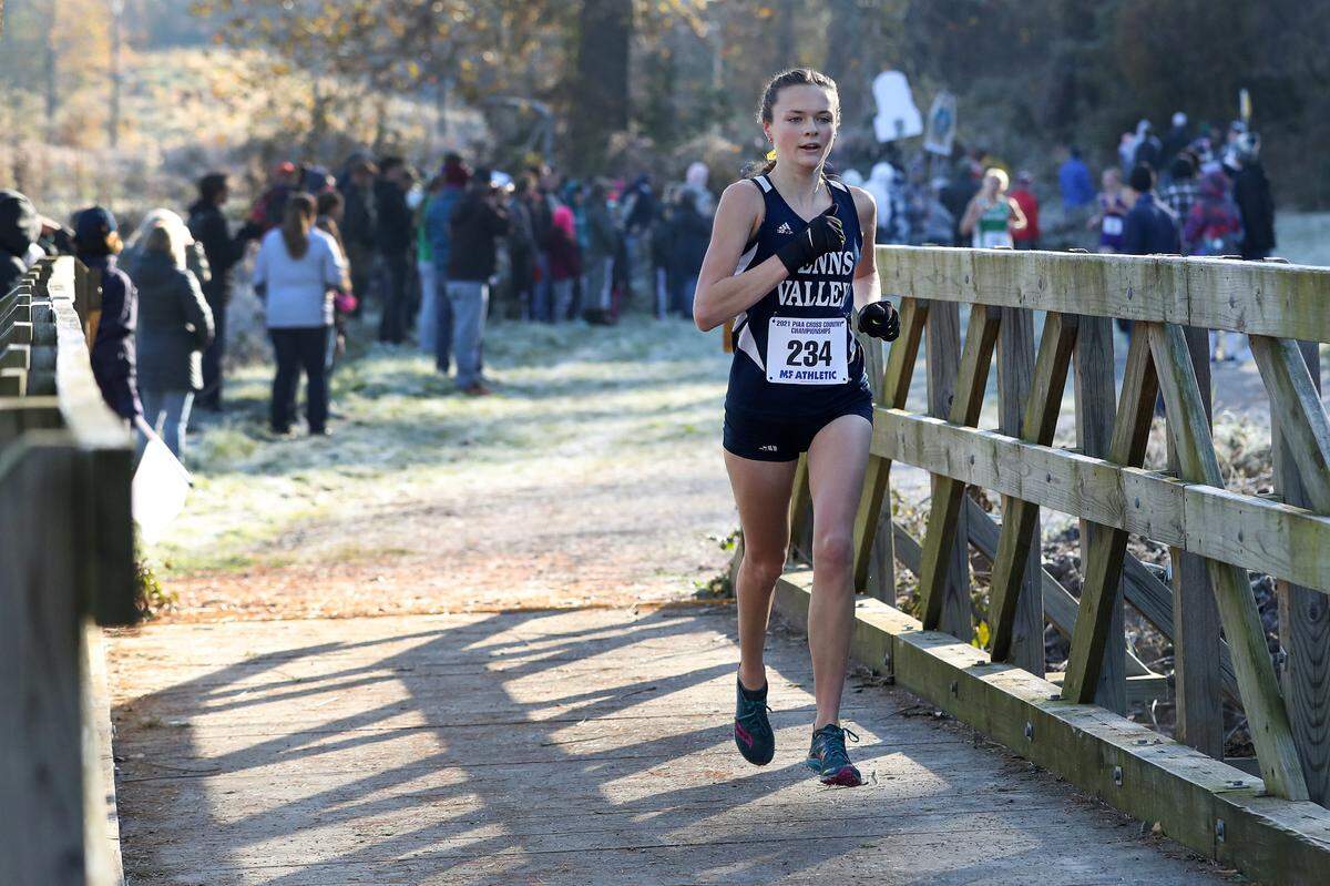 Penns Valley’s Anna Stitzer competes in the girls 1A race of the PIAA State Cross Country Championships held Saturday at Parkland Cross Country Course in Hershey, PA.Matthew O’Haren/For the Centre Daily Times