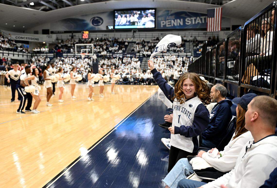 Sloane Shelter, 11, dances during a time out of the men’s basketball game against Wisconsin in Rec Hall on Thursday, Jan. 22, 2026. 