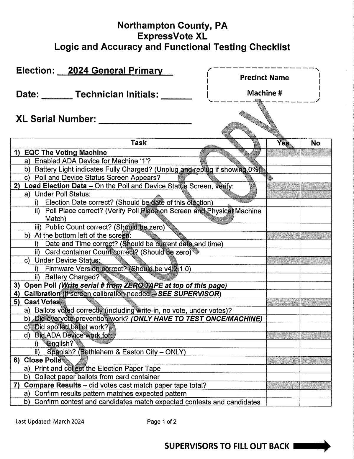 One page of Northampton County’s new election testing checklist.