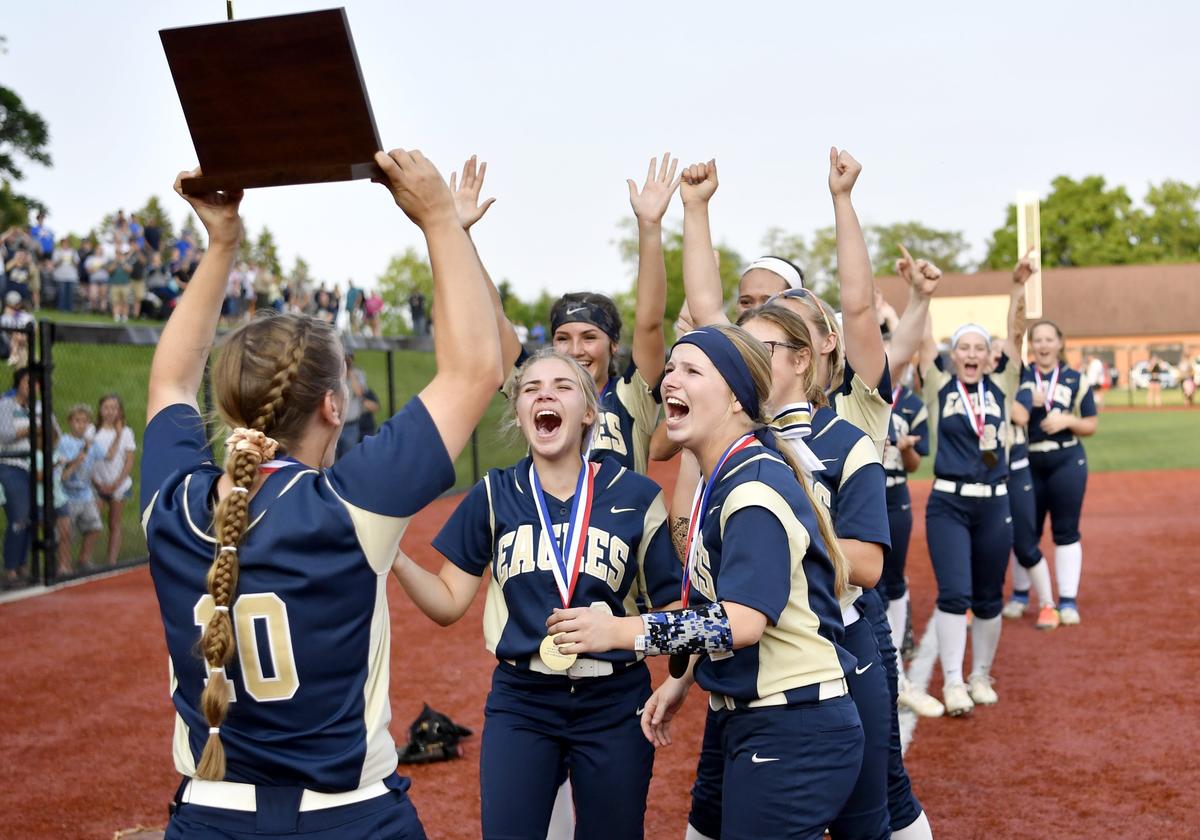 Bald Eagle Area softball celebrates beats Chestnut Ridge in the District 6 3A championship game on Friday, May 31, 2019 at Saint Francis.