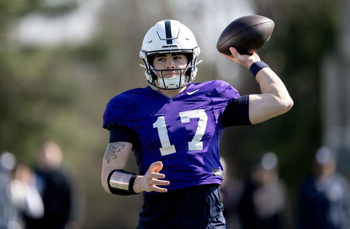 Penn State quarterback Connor Barry makes a pass during practice on Thursday, April 9, 2026.  