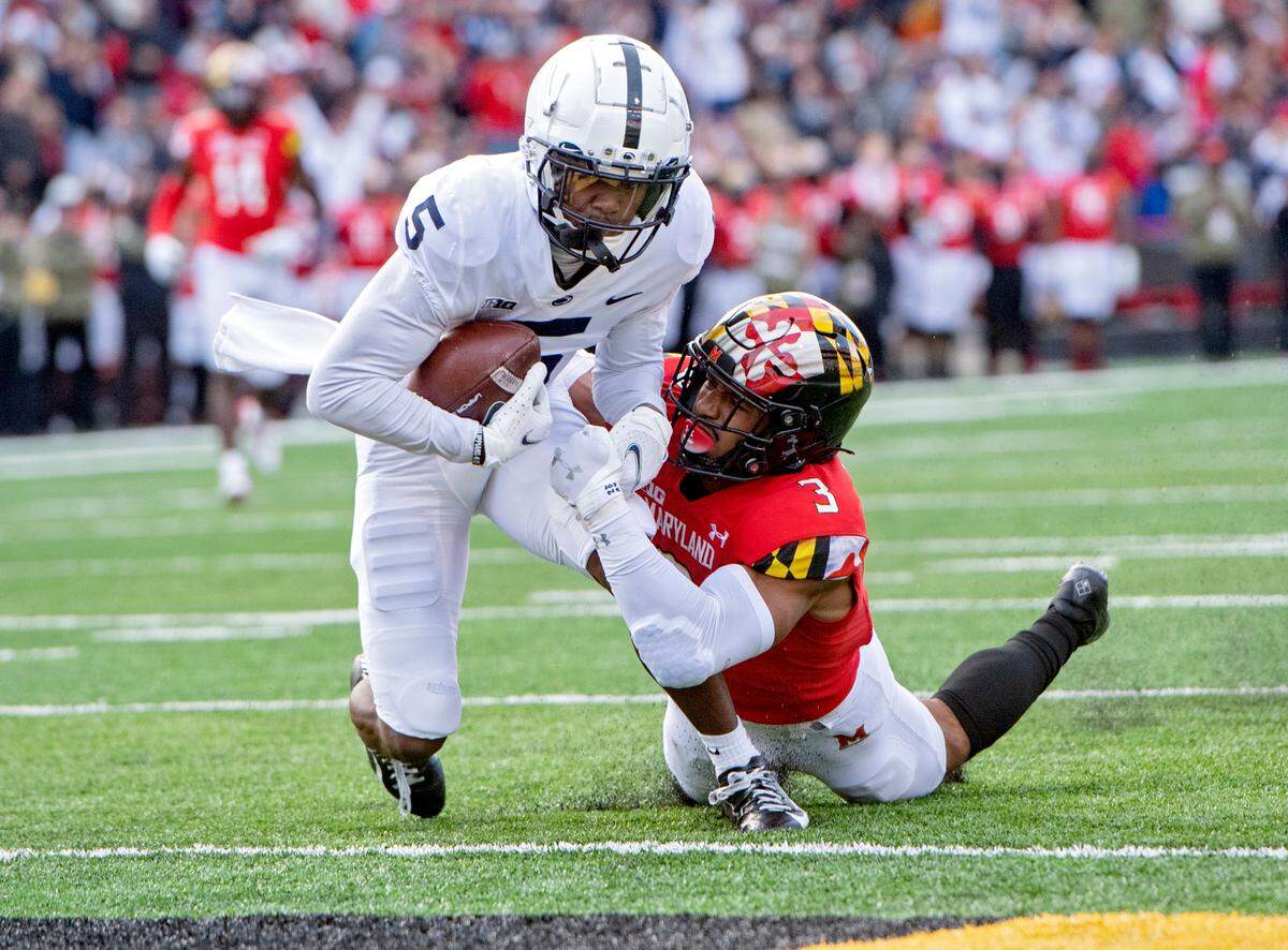 Maryland’s Nick Cross can’t stop Penn State wide receiver Jahan Dotson as he dives into the end zone for a touchdown during the game on Saturday, Nov. 6, 2021.