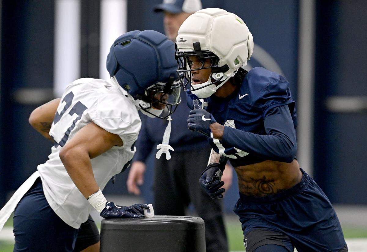 Penn State wide receiver Lyrick Samuel runs a drill during spring practice on Thursday, March 26, 2026.  