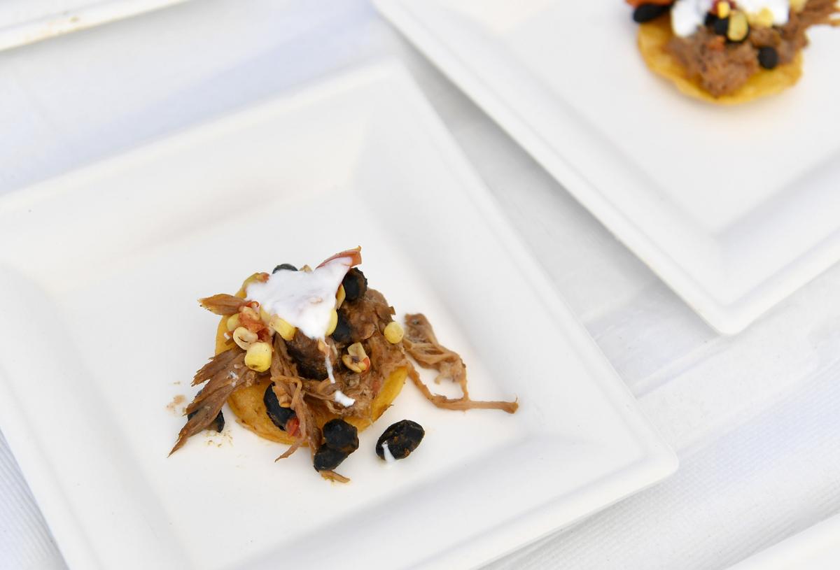 The farmers market tostada by chef Harrison Schailey of Harrison’s Wine Grill & Catering, which won the preliminary round of the Golden Basket Chef Competition at the Pine Grove Mills Farmers Market on Thursday.