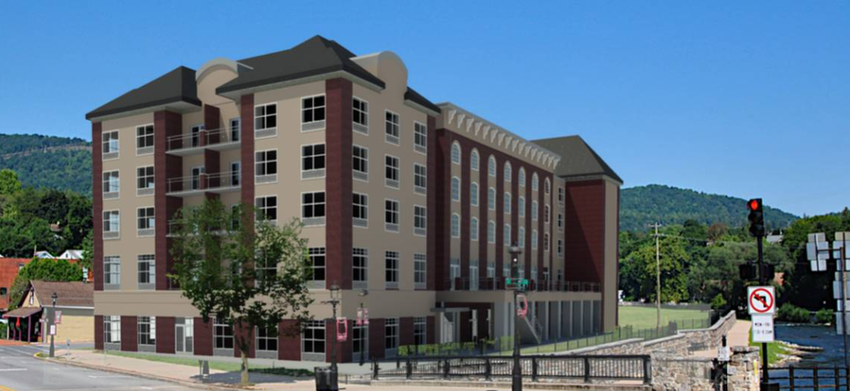 A rendering of what the Bellefonte Waterfront Project’s boutique hotel could look like, as shown in the meeting presentation.