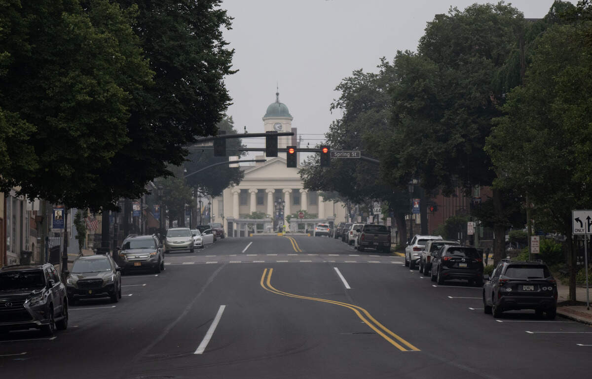 The view up West High Street in Bellefonte on Thursday, July 16, 2026. Wildfire smoke from Canada and Minnesota caused unhealthy air levels in Centre County.