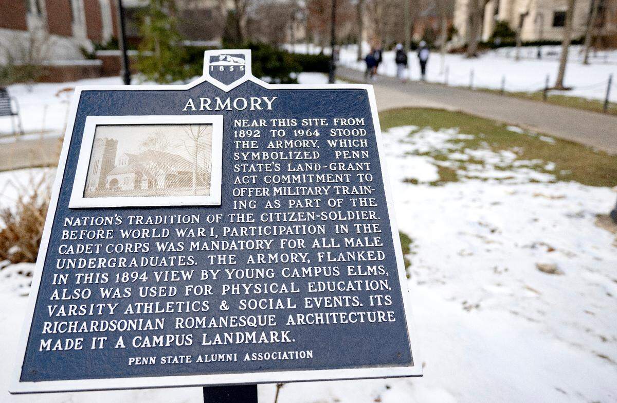 The Penn State Alumni Association historical marker that honors the armory on Friday, Jan. 17, 2025.
