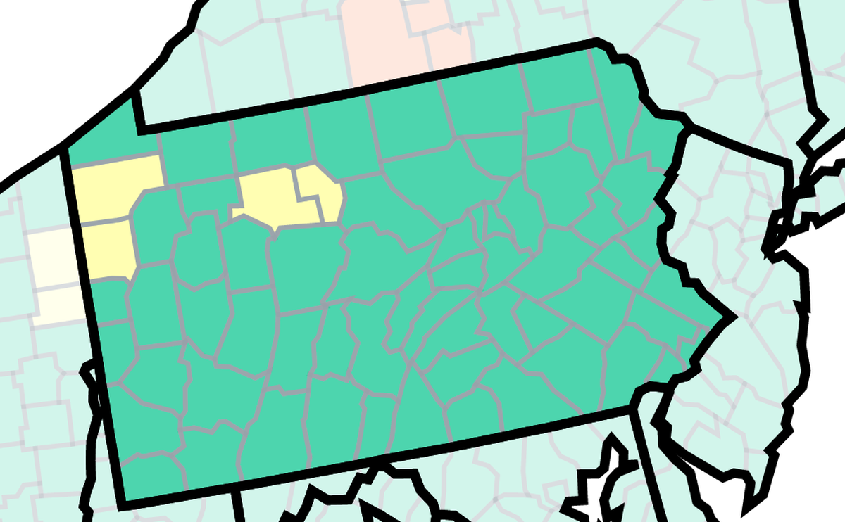 This map of Pennsylvania from the U.S. Centers for Disease Control and Prevention shows COVID-19 community levels by county as of March 31, 2023. The yellow are at medium and the green at low. No counties are at high, orange.