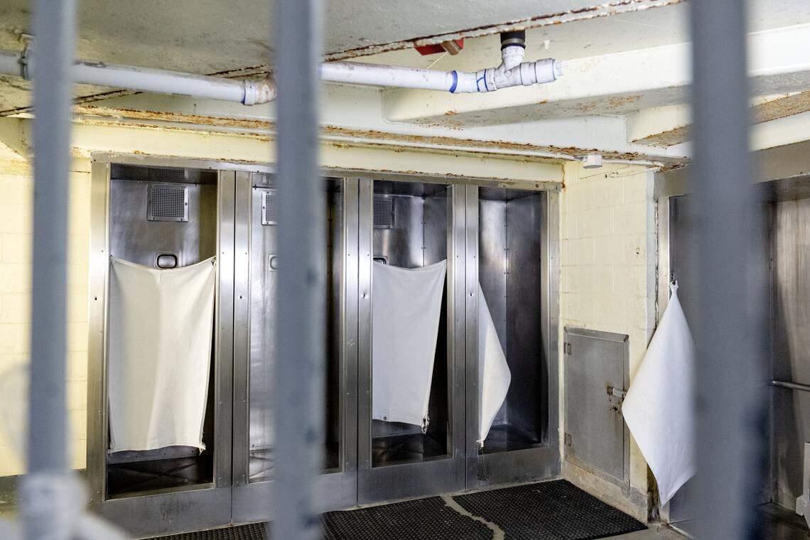 A shower room in B Block at Rockview state prison on Monday, March 2, 2026.