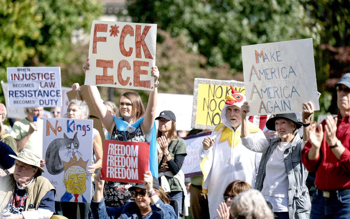 More than 1,500 people gathered on Old Main lawn for the No Kings anti-Trump rally on Saturday, Oct. 18, 2025.