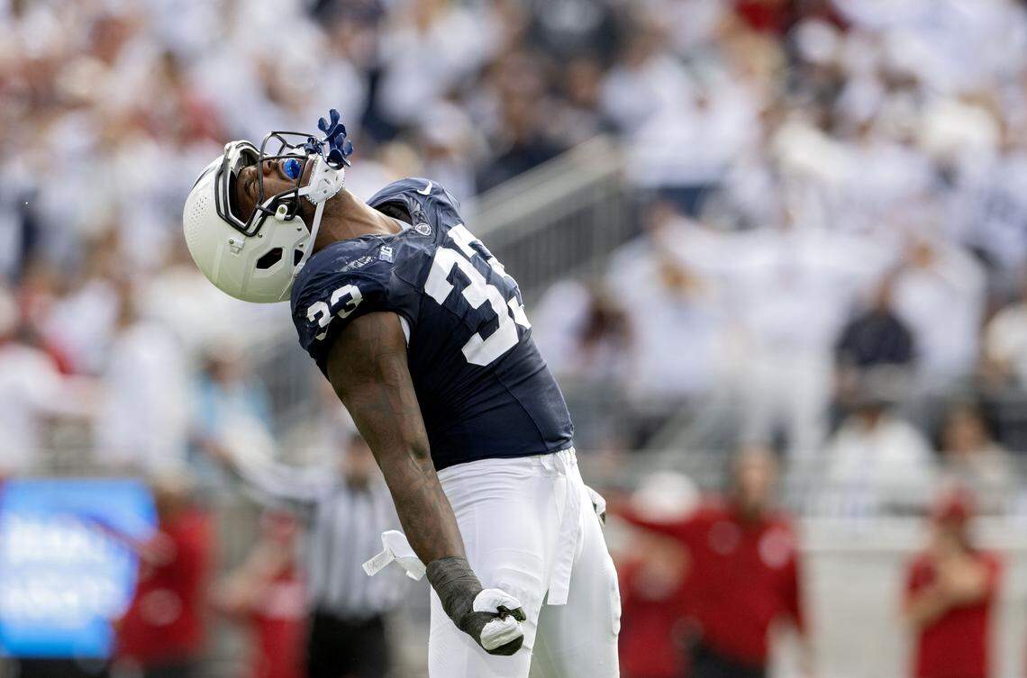 Penn state defensive end Dani Dennis-Sutton celebrates a play during the game against Indiana on Saturday, Nov. 8, 2025.