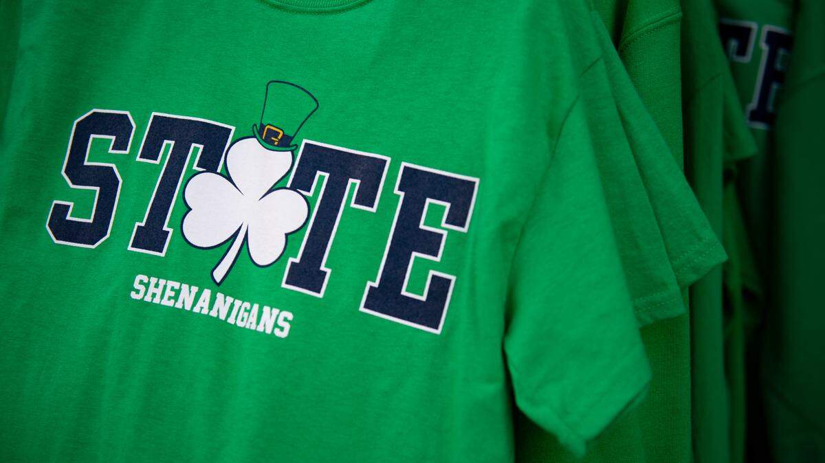 A State Patty’s Day themed shirt is displayed outside of Lion & Cub on Feb. 23, 2022 in State College, Pa. State Patty’s Day is a student-created alternative to the traditional Saint Patrick’s Day, which originally fell on Penn State’s spring break.