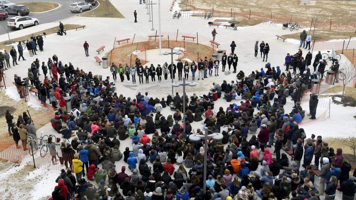 Hundreds of State College Area High School students walked outside on March 14 to hold a memorial for the 17 victims of the Parkland School shooting.